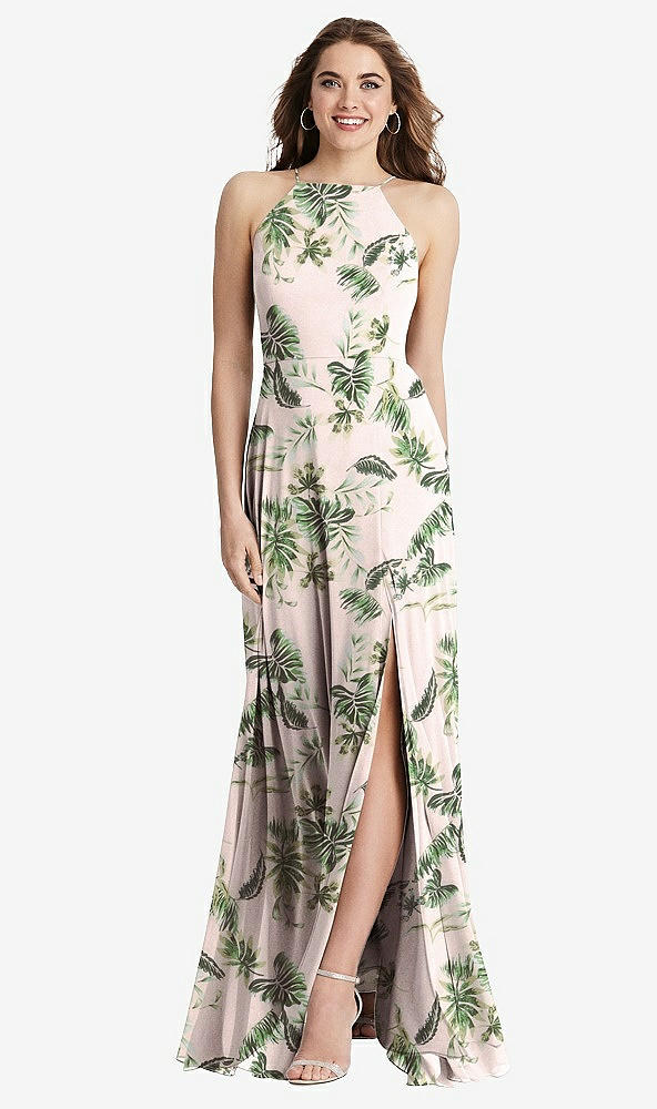 Front View - Palm Beach Print High Neck Chiffon Maxi Dress with Front Slit - Lela