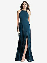 Front View Thumbnail - Atlantic Blue High Neck Chiffon Maxi Dress with Front Slit - Lela