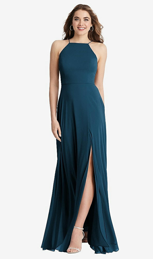 Front View - Atlantic Blue High Neck Chiffon Maxi Dress with Front Slit - Lela