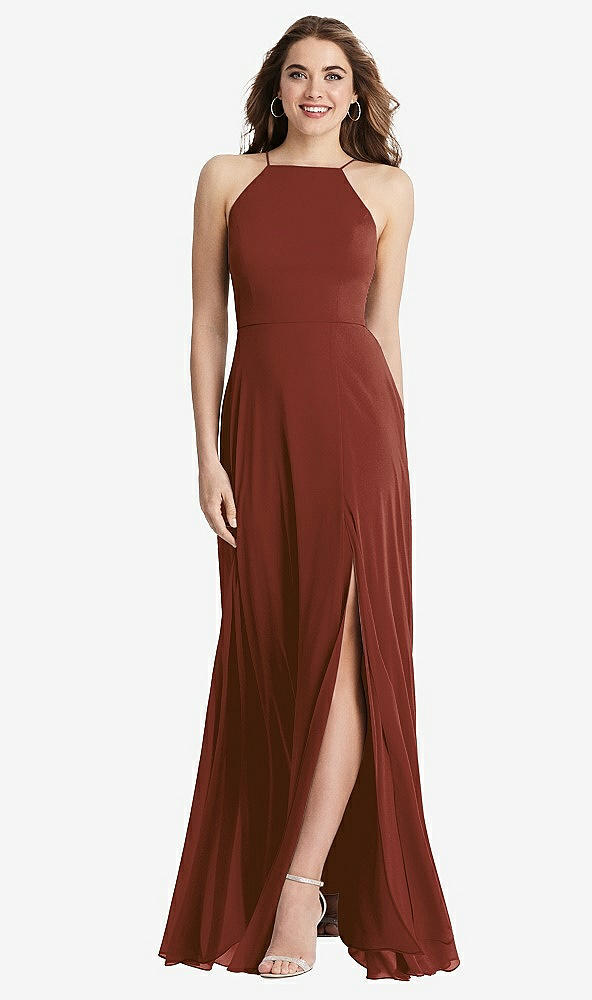 Front View - Auburn Moon High Neck Chiffon Maxi Dress with Front Slit - Lela