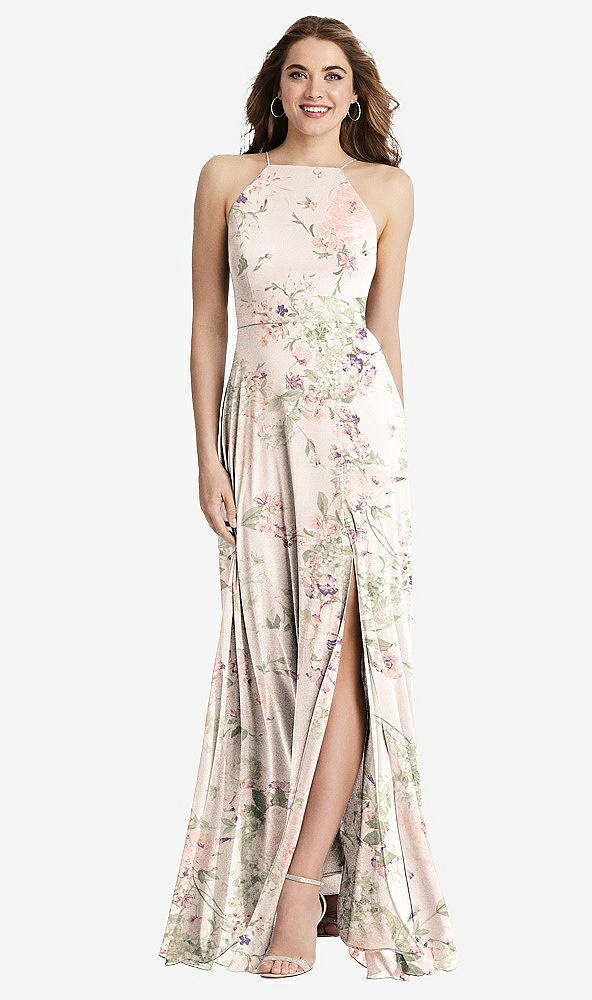 Front View - Blush Garden High Neck Chiffon Maxi Dress with Front Slit - Lela