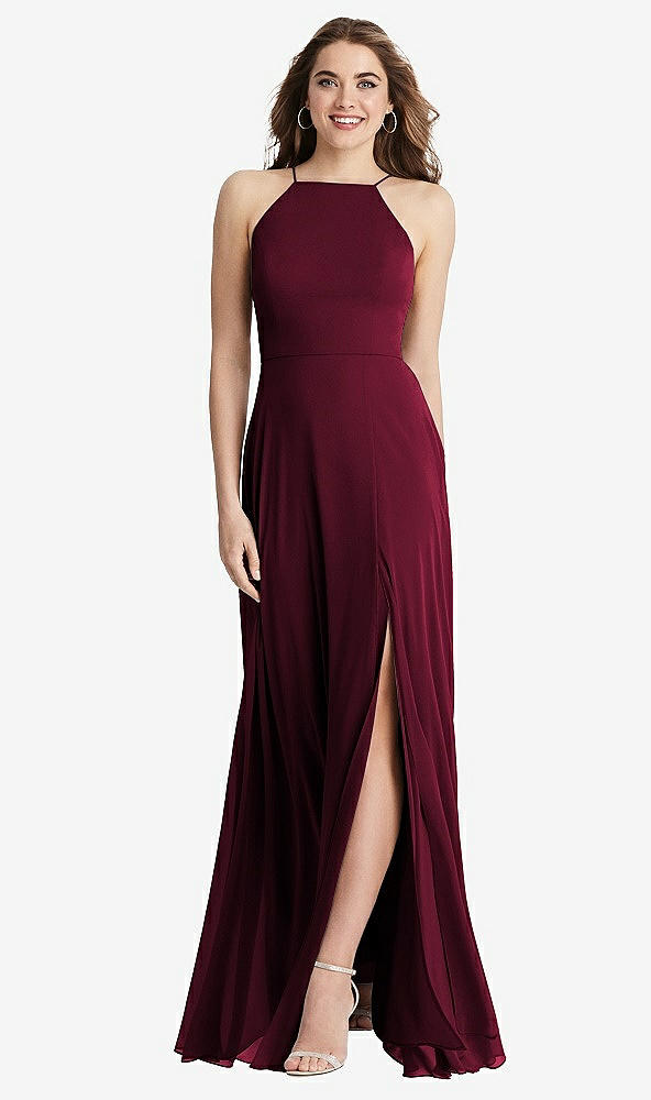 Front View - Cabernet High Neck Chiffon Maxi Dress with Front Slit - Lela