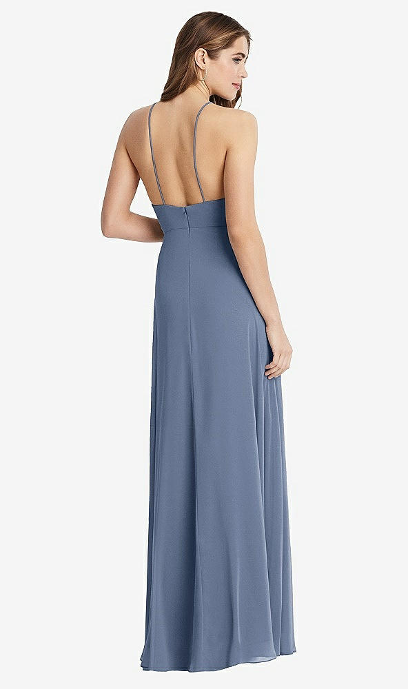 Back View - Larkspur Blue High Neck Chiffon Maxi Dress with Front Slit - Lela