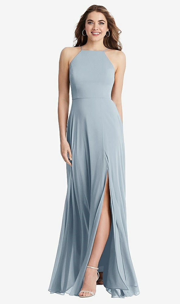 Front View - Mist High Neck Chiffon Maxi Dress with Front Slit - Lela