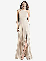 Front View Thumbnail - Oat High Neck Chiffon Maxi Dress with Front Slit - Lela