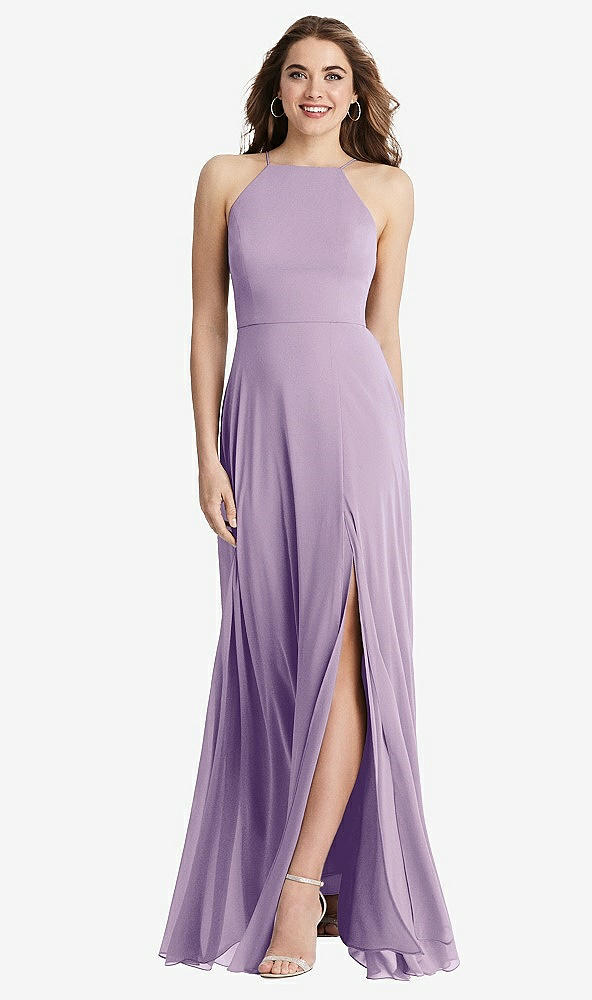 Front View - Pale Purple High Neck Chiffon Maxi Dress with Front Slit - Lela