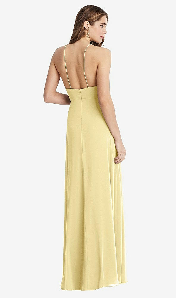 Back View - Pale Yellow High Neck Chiffon Maxi Dress with Front Slit - Lela