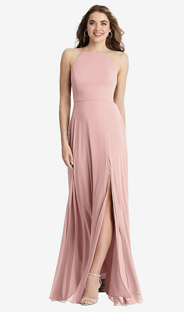 Front View - Rose - PANTONE Rose Quartz High Neck Chiffon Maxi Dress with Front Slit - Lela