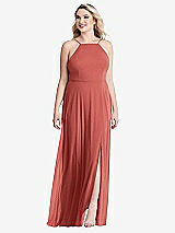 Alt View 1 Thumbnail - Coral Pink High Neck Chiffon Maxi Dress with Front Slit - Lela