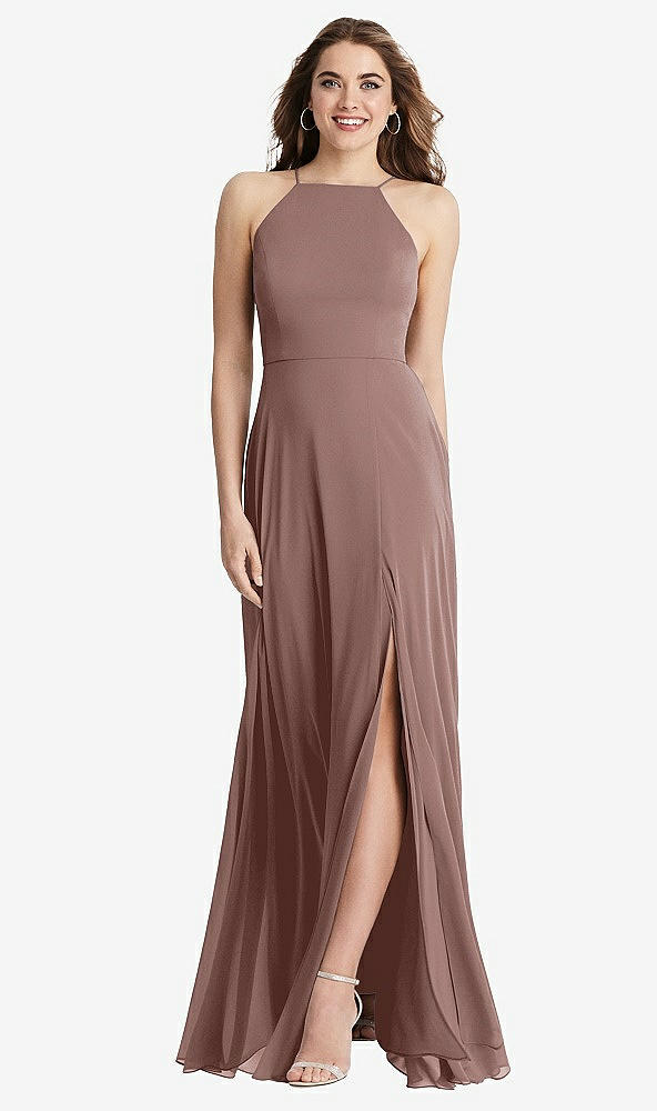 Front View - Sienna High Neck Chiffon Maxi Dress with Front Slit - Lela