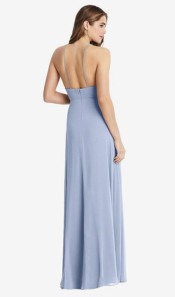 Back View - Sky Blue High Neck Chiffon Maxi Dress with Front Slit - Lela