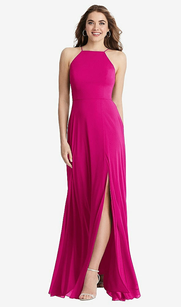 Front View - Think Pink High Neck Chiffon Maxi Dress with Front Slit - Lela