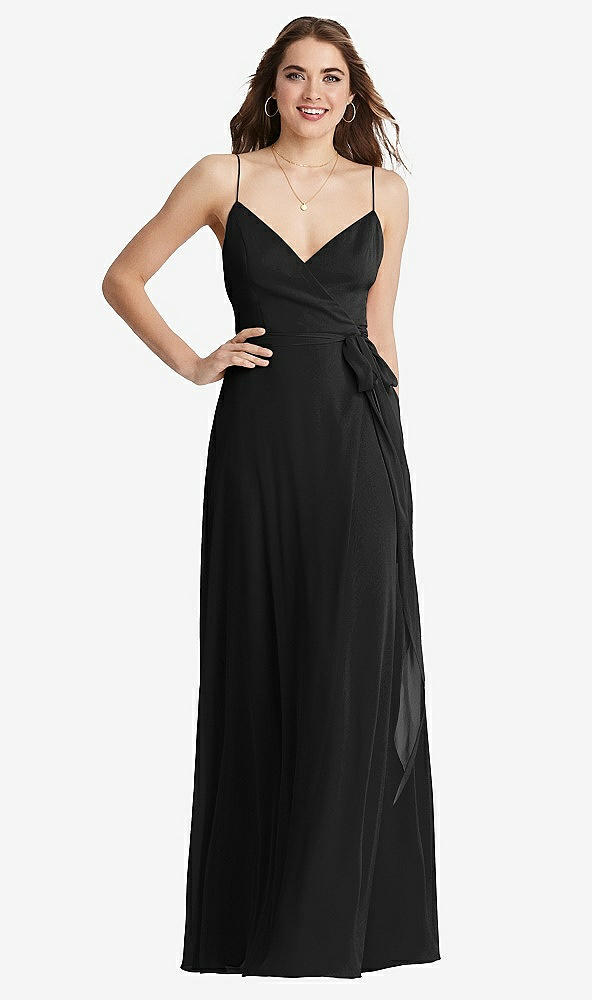 Front View - Black Chiffon Maxi Wrap Dress with Sash - Cora