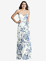 Front View Thumbnail - Cottage Rose Dusk Blue Chiffon Maxi Wrap Dress with Sash - Cora