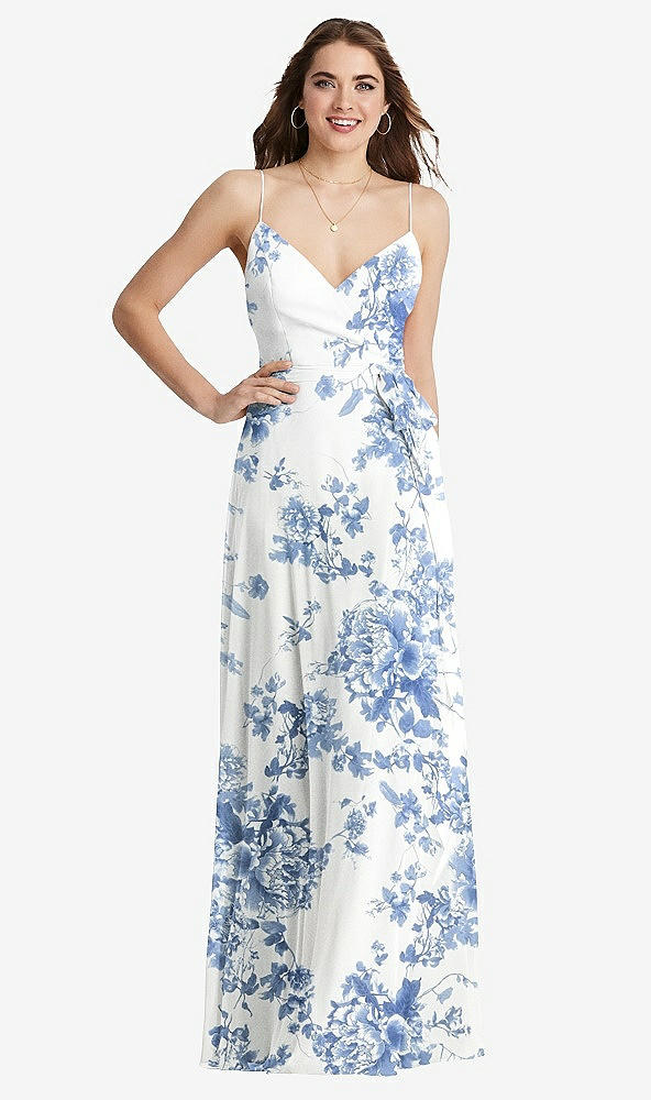 Front View - Cottage Rose Dusk Blue Chiffon Maxi Wrap Dress with Sash - Cora