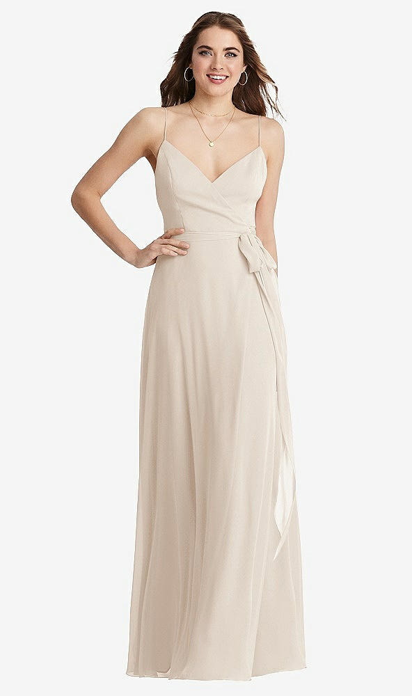 Front View - Oat Chiffon Maxi Wrap Dress with Sash - Cora