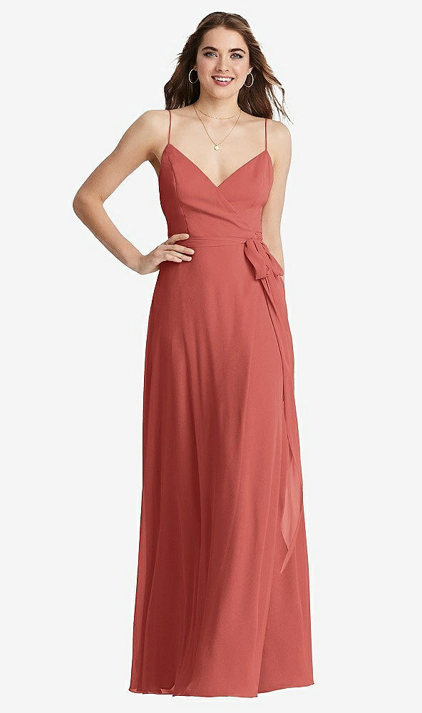 Front View - Coral Pink Chiffon Maxi Wrap Dress with Sash - Cora