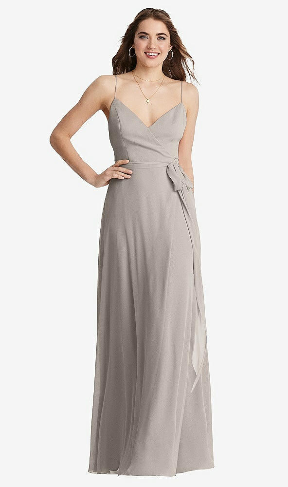 Front View - Taupe Chiffon Maxi Wrap Dress with Sash - Cora