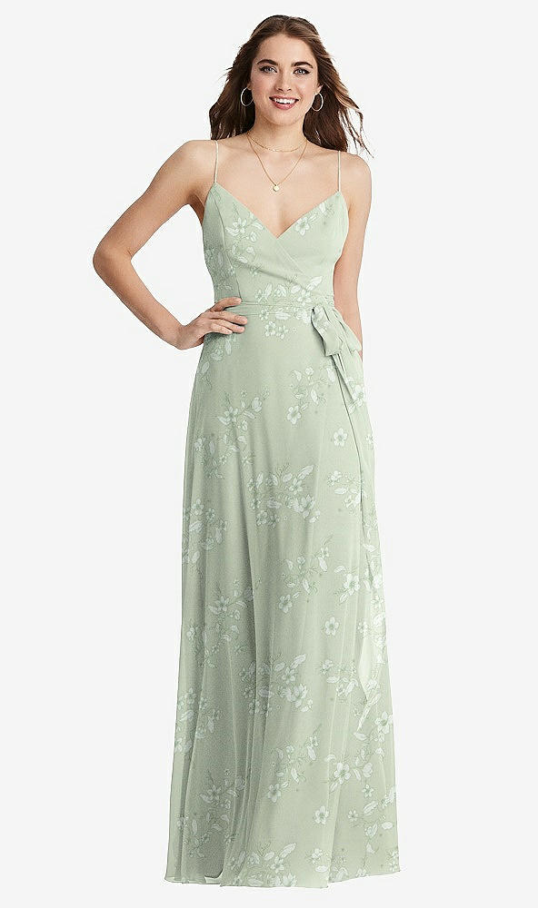 Front View - Vintage Primrose Sage Chiffon Maxi Wrap Dress with Sash - Cora