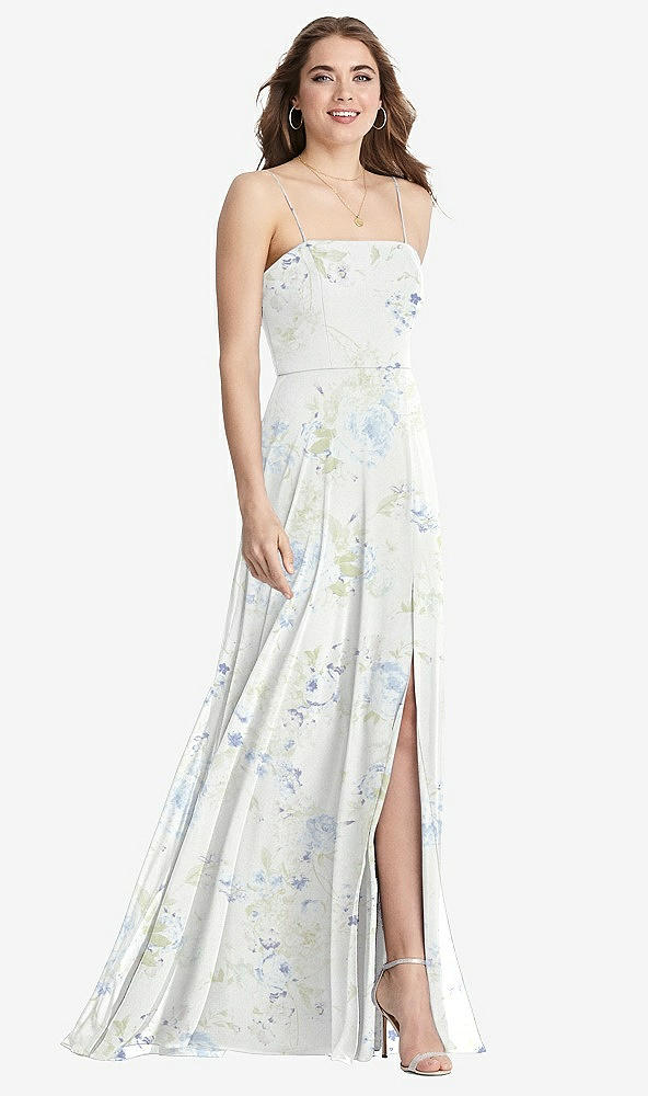 Front View - Bleu Garden Square Neck Chiffon Maxi Dress with Front Slit - Elliott