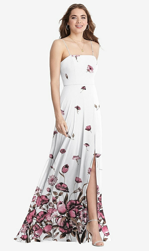 Front View - London Print Square Neck Chiffon Maxi Dress with Front Slit - Elliott