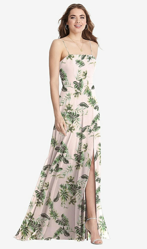 Front View - Palm Beach Print Square Neck Chiffon Maxi Dress with Front Slit - Elliott