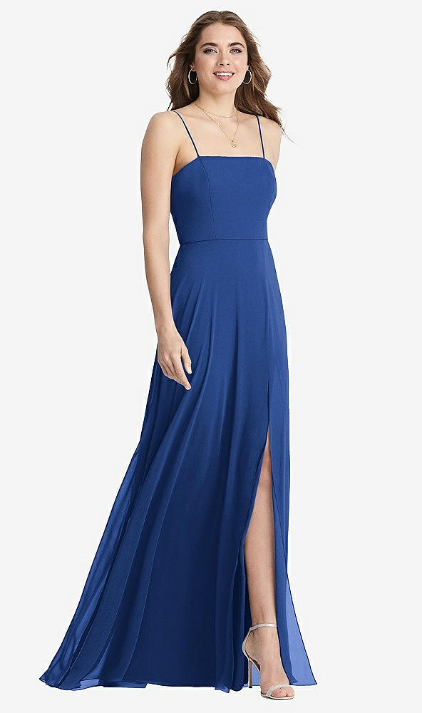 Front View - Classic Blue Square Neck Chiffon Maxi Dress with Front Slit - Elliott