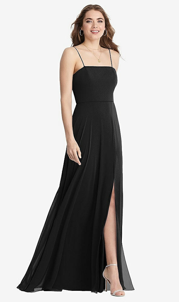 Front View - Black Square Neck Chiffon Maxi Dress with Front Slit - Elliott