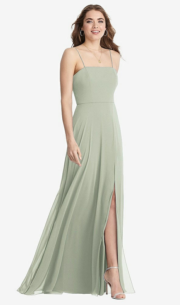 Front View - Celadon Square Neck Chiffon Maxi Dress with Front Slit - Elliott