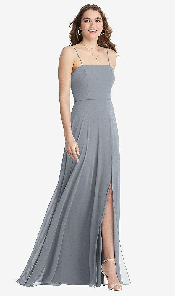 Front View - Platinum Square Neck Chiffon Maxi Dress with Front Slit - Elliott