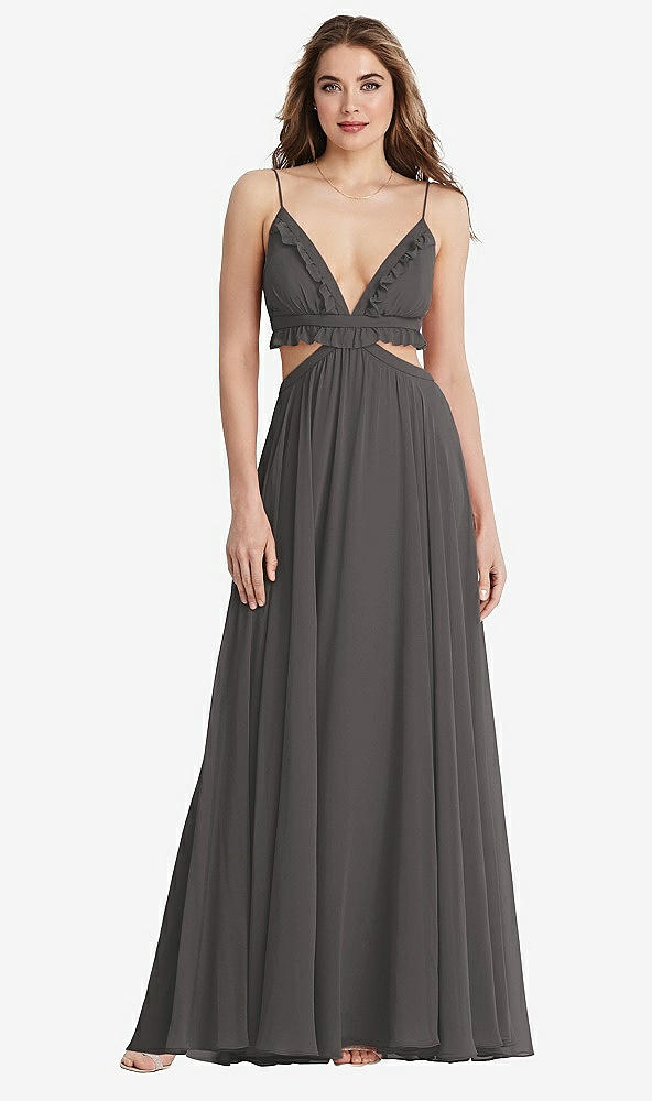 Front View - Caviar Gray Ruffled Chiffon Cutout Maxi Dress - Jessie