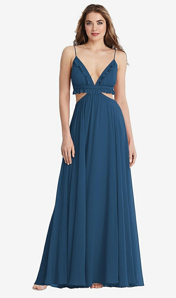 Front View - Dusk Blue Ruffled Chiffon Cutout Maxi Dress - Jessie