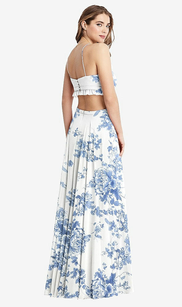 Back View - Cottage Rose Dusk Blue Ruffled Chiffon Cutout Maxi Dress - Jessie