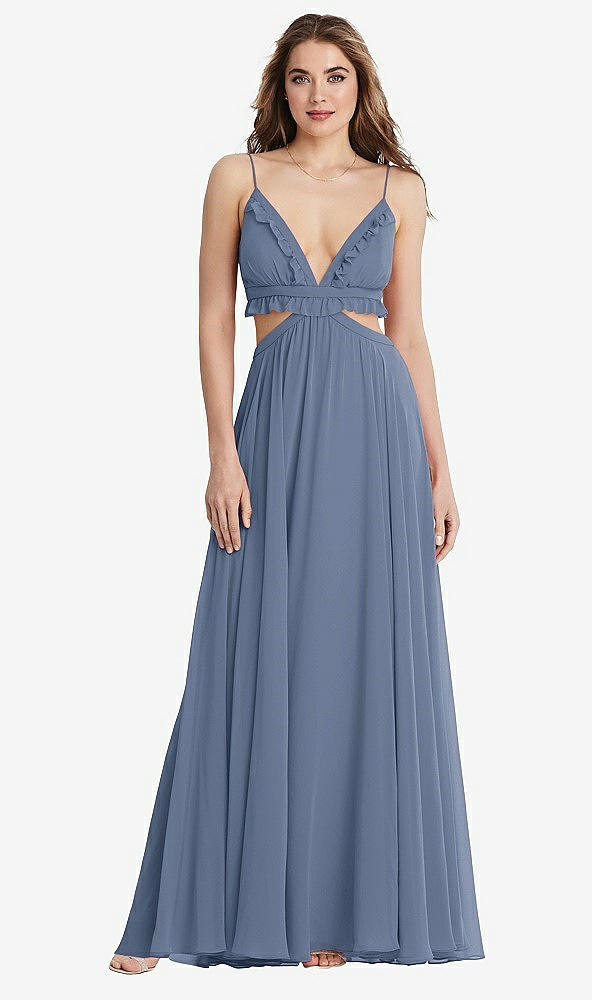 Front View - Larkspur Blue Ruffled Chiffon Cutout Maxi Dress - Jessie