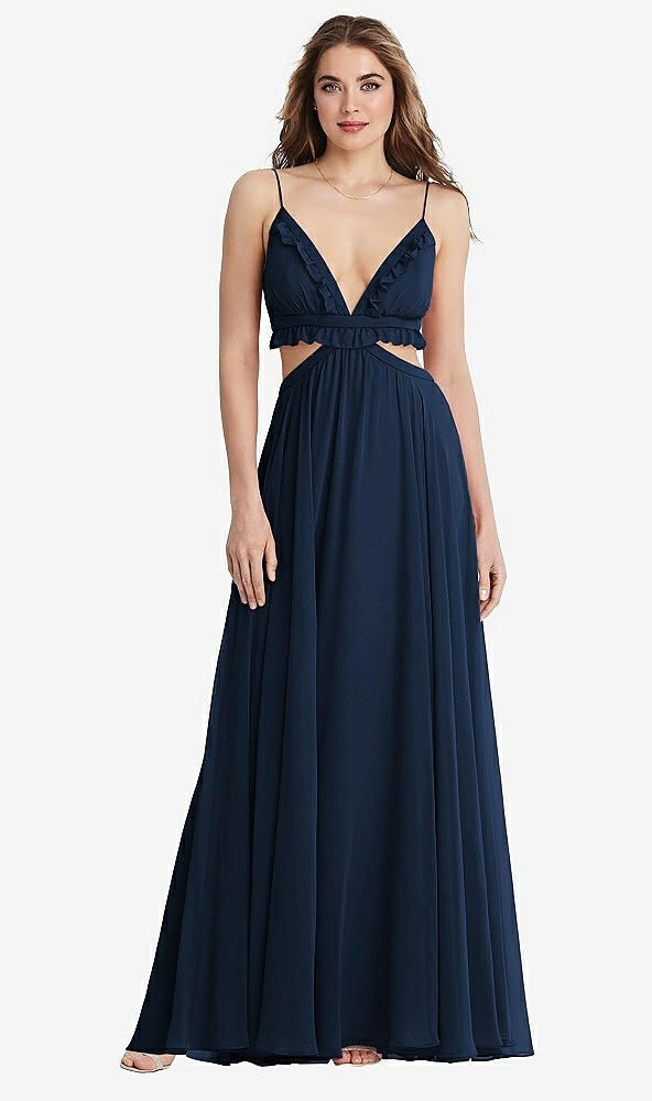 Front View - Midnight Navy Ruffled Chiffon Cutout Maxi Dress - Jessie