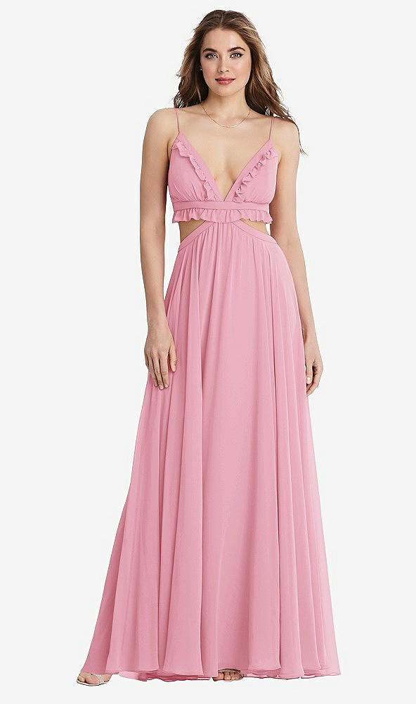 Front View - Peony Pink Ruffled Chiffon Cutout Maxi Dress - Jessie