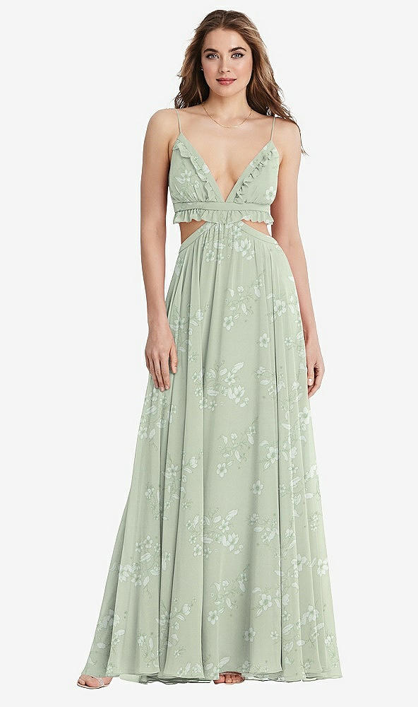 Front View - Vintage Primrose Sage Ruffled Chiffon Cutout Maxi Dress - Jessie