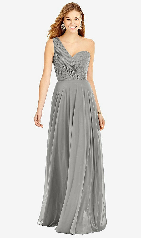 Front View - Chelsea Gray One-Shoulder Draped Chiffon Maxi Dress - Dani