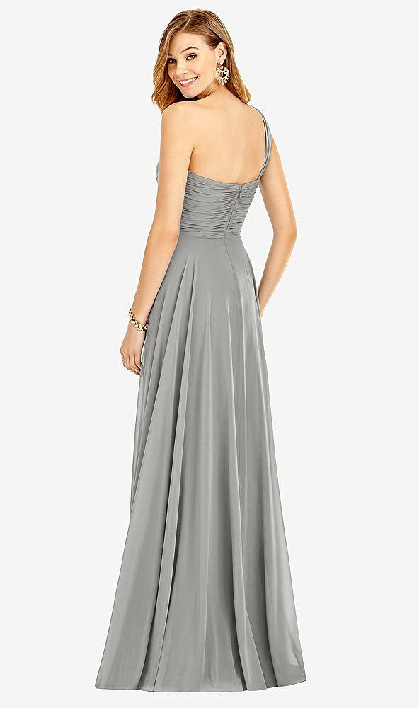 Back View - Chelsea Gray One-Shoulder Draped Chiffon Maxi Dress - Dani