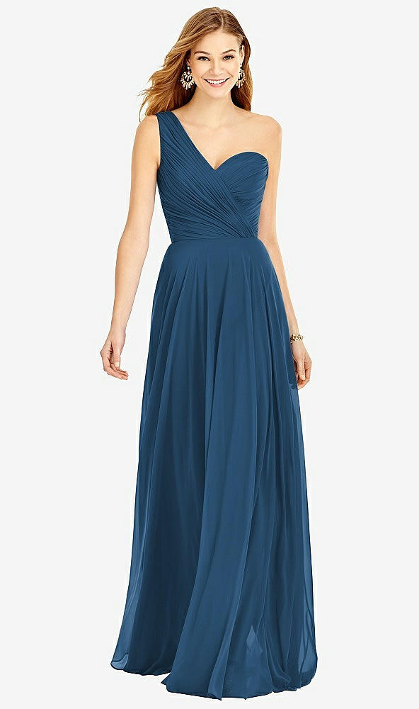 Front View - Dusk Blue One-Shoulder Draped Chiffon Maxi Dress - Dani