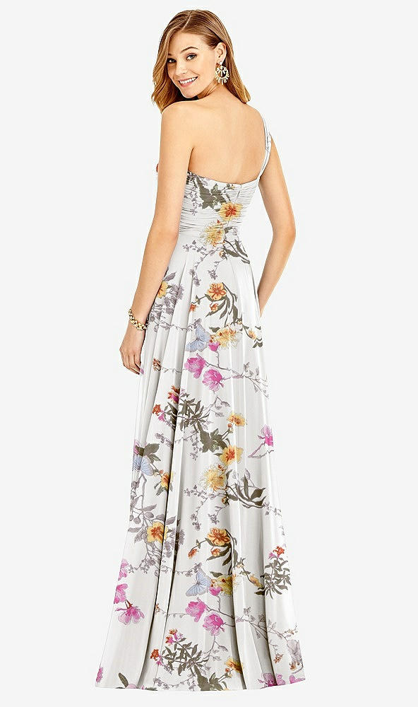 Back View - Butterfly Botanica Ivory One-Shoulder Draped Chiffon Maxi Dress - Dani