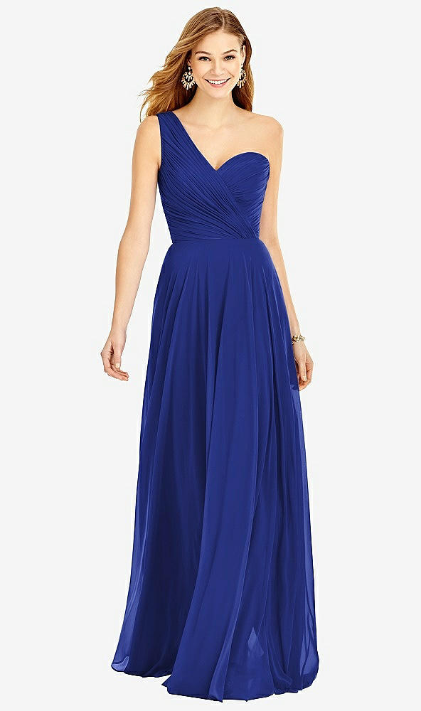 Front View - Cobalt Blue One-Shoulder Draped Chiffon Maxi Dress - Dani