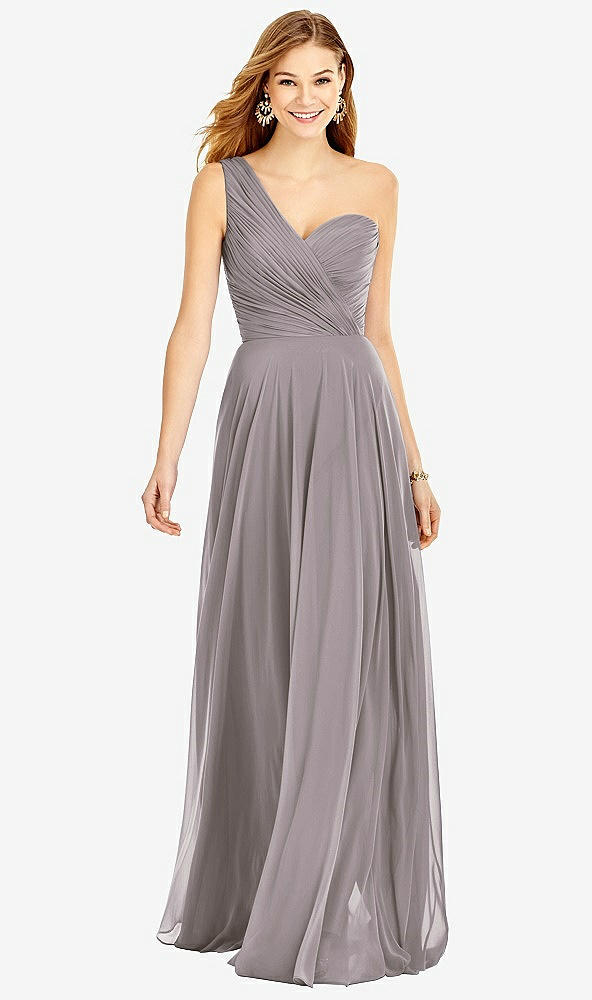 Front View - Cashmere Gray One-Shoulder Draped Chiffon Maxi Dress - Dani