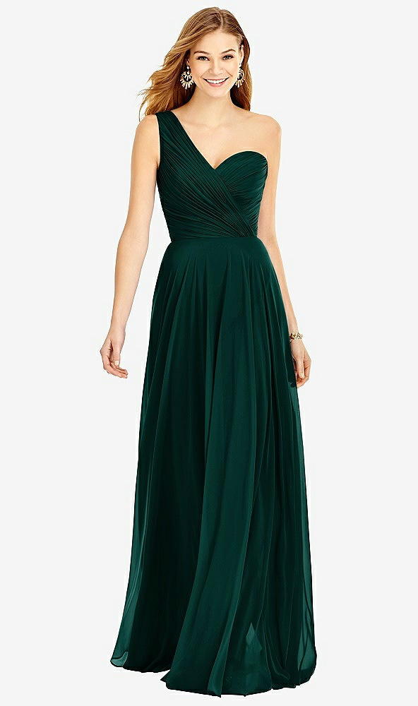 Front View - Evergreen One-Shoulder Draped Chiffon Maxi Dress - Dani