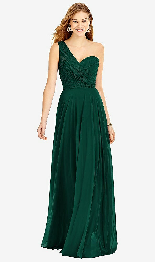 Front View - Hunter Green One-Shoulder Draped Chiffon Maxi Dress - Dani