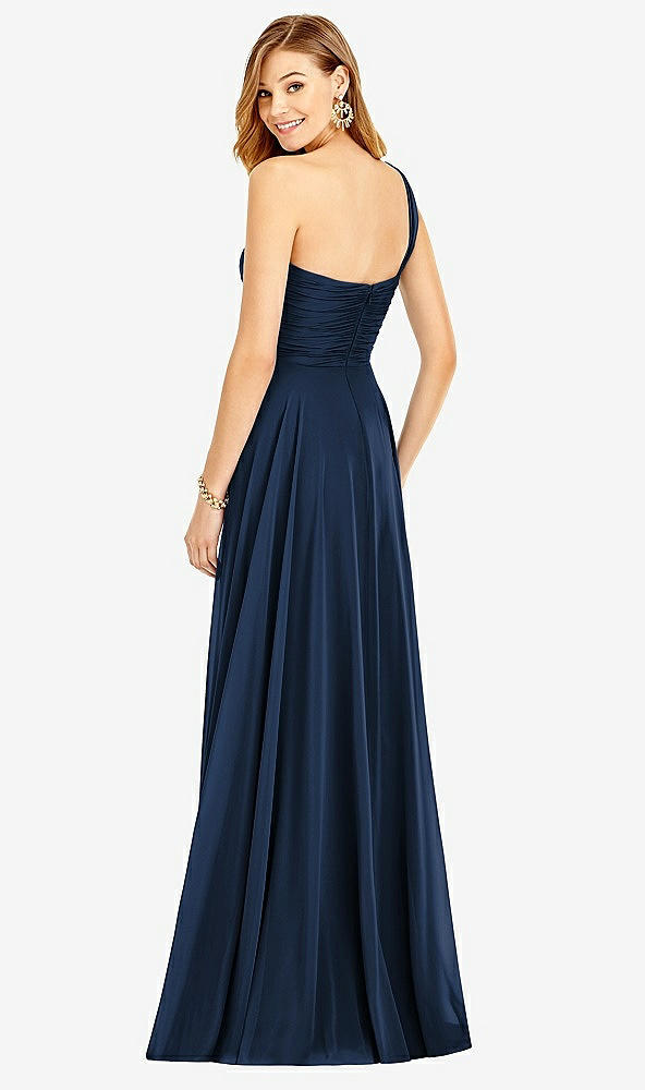 Back View - Midnight Navy One-Shoulder Draped Chiffon Maxi Dress - Dani