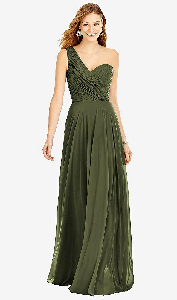 Front View - Olive Green One-Shoulder Draped Chiffon Maxi Dress - Dani