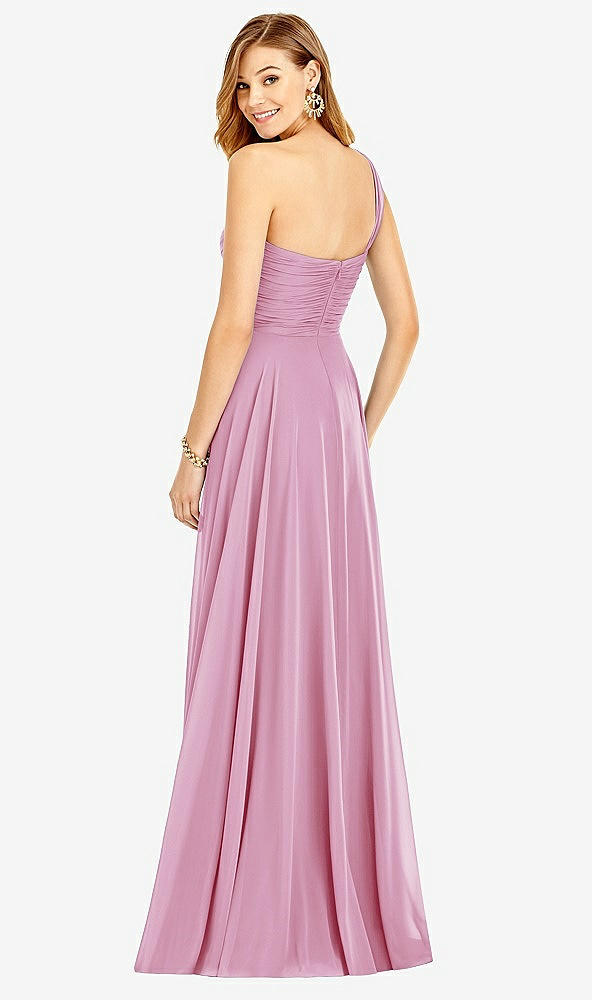 Back View - Powder Pink One-Shoulder Draped Chiffon Maxi Dress - Dani