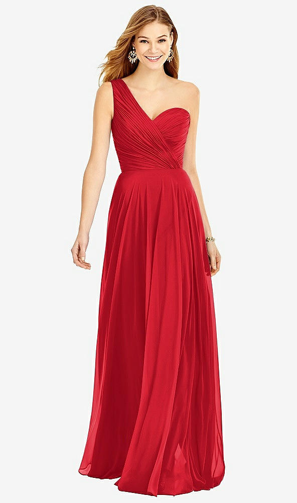 Front View - Parisian Red One-Shoulder Draped Chiffon Maxi Dress - Dani