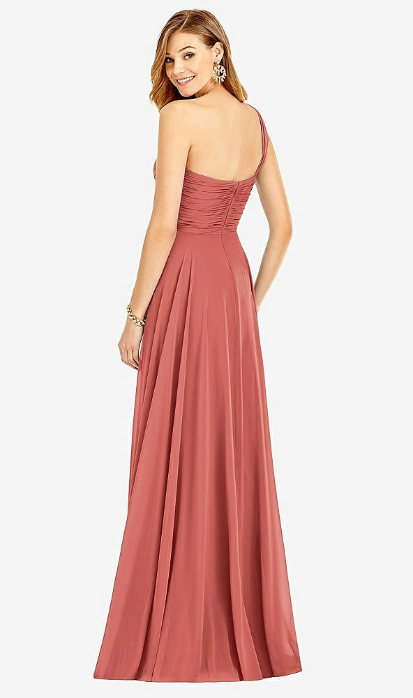 Back View - Coral Pink One-Shoulder Draped Chiffon Maxi Dress - Dani